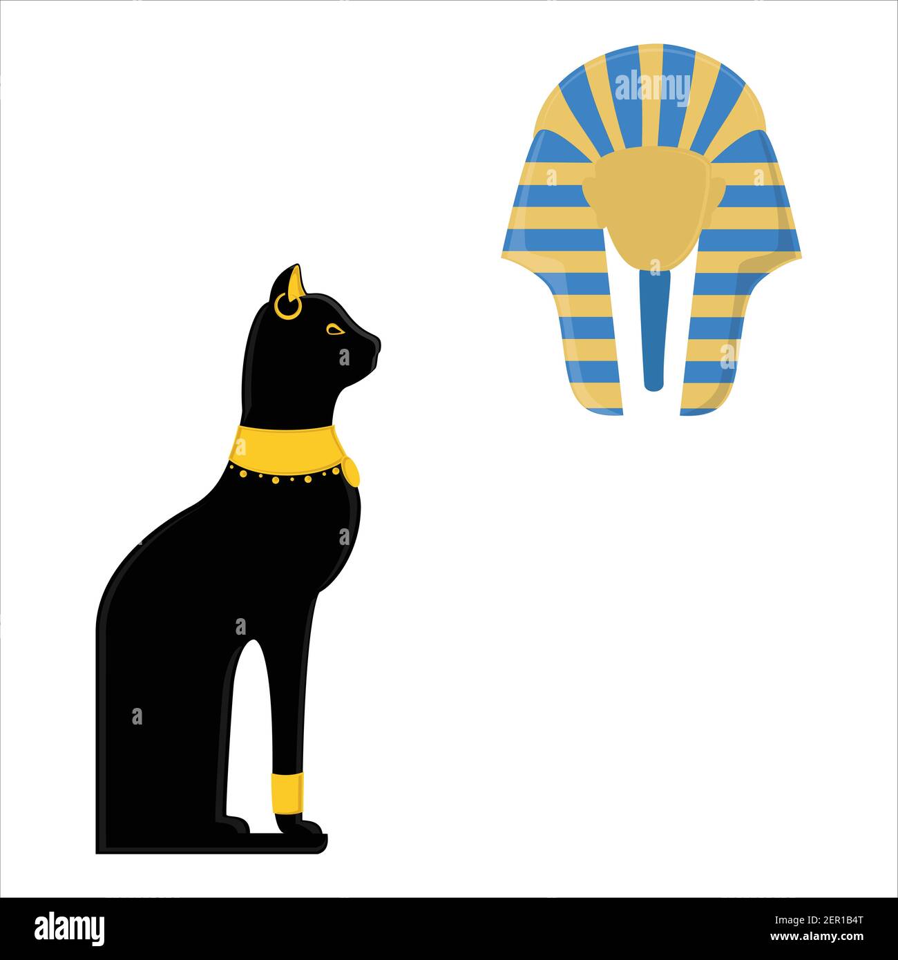 Vector illustration of a black sitting Egyptian cat and egyptian mask of Tutankhamen isolated on white background. Bastet egypt cat Stock Vector