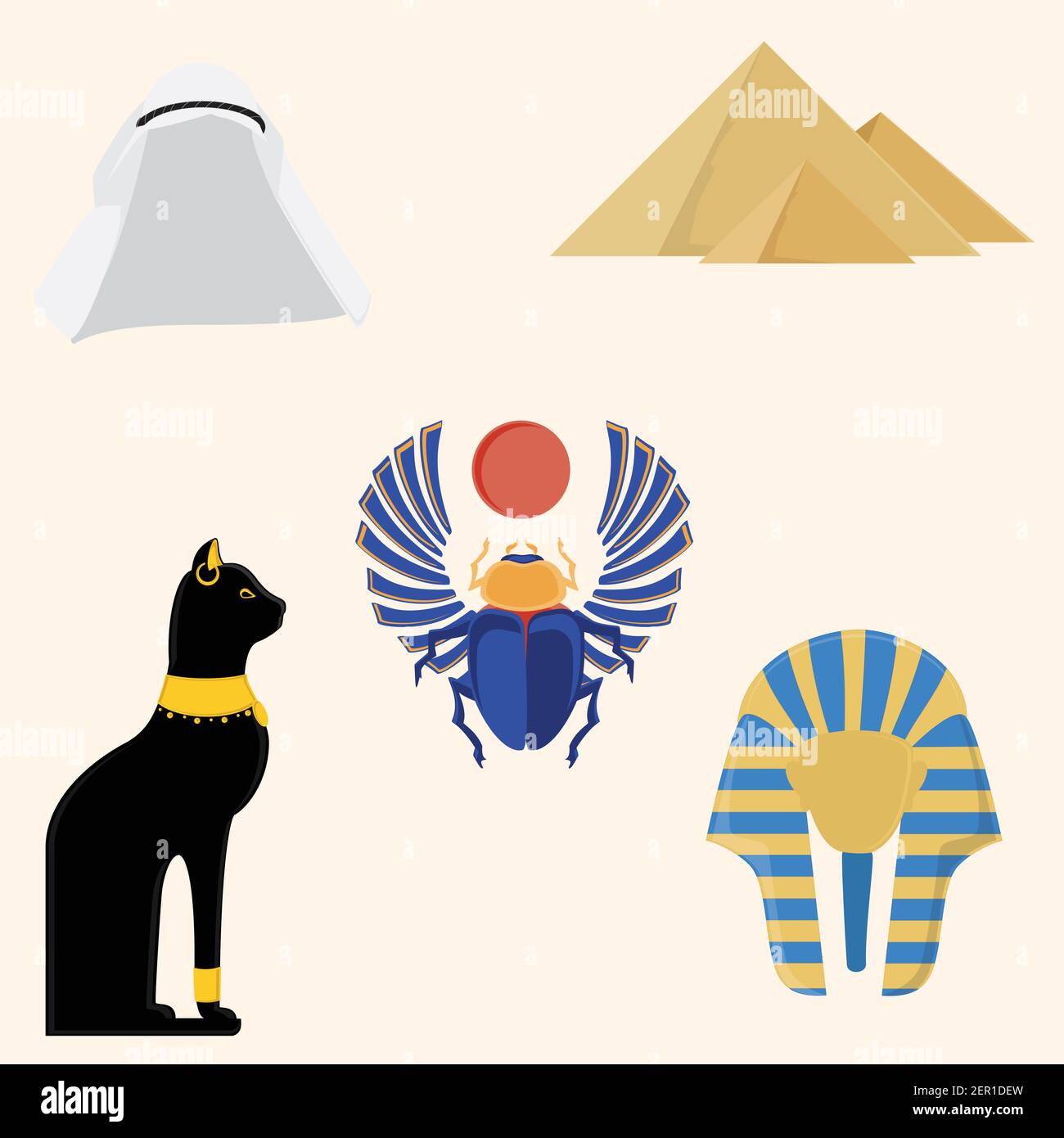 Egypt vector icon set- pyramids giza, tutankhamen mask,  egypt cat and egyptian scarab beetle. Stock Vector
