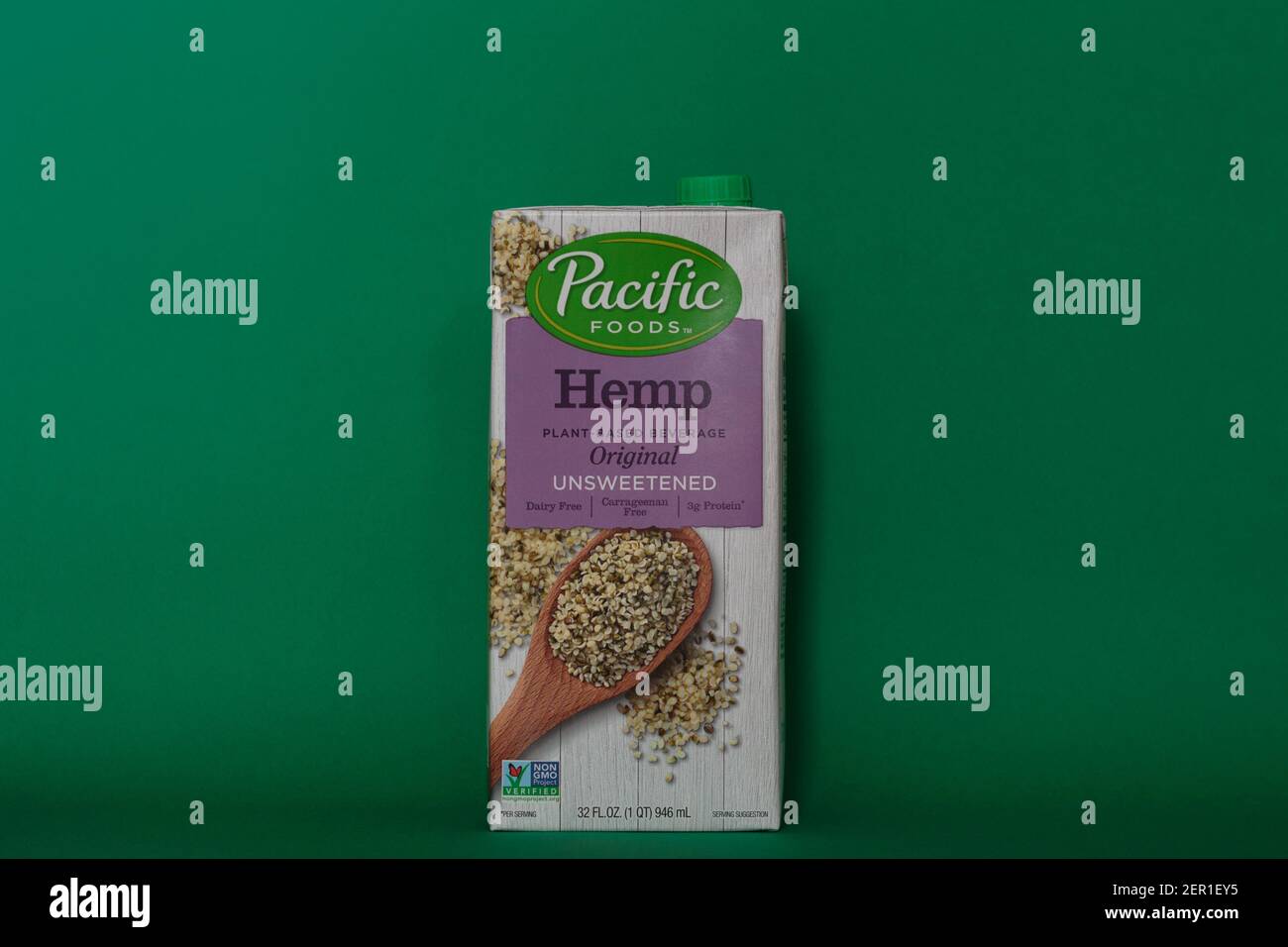 illustrative editorial of Pacific Foods brand Hemp milk plant based beverage, original unsweetened, vegan, dairy free, non-GMO milk substitute Stock Photo