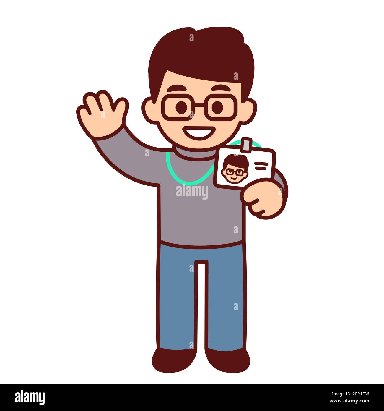 Cute cartoon character holding id badge and waving hello. New employee at work. Funny office staff drawing, vector illustration Stock Vector Image & Art - Alamy Cute cartoon character holding id badge and waving hello. New employee at work. Funny office staff drawing, vector illustration Stock Vector Image & Art - Alamy