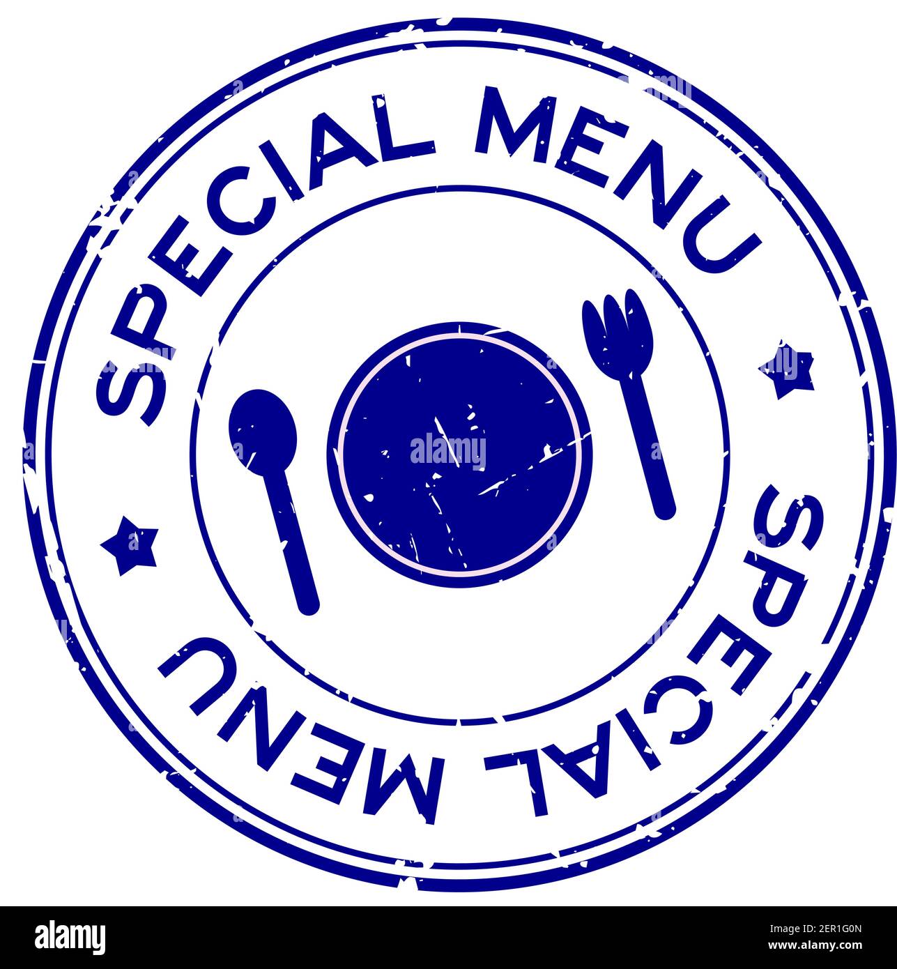 Grunge blue special menu word with dish, spoon and fork icon rubber