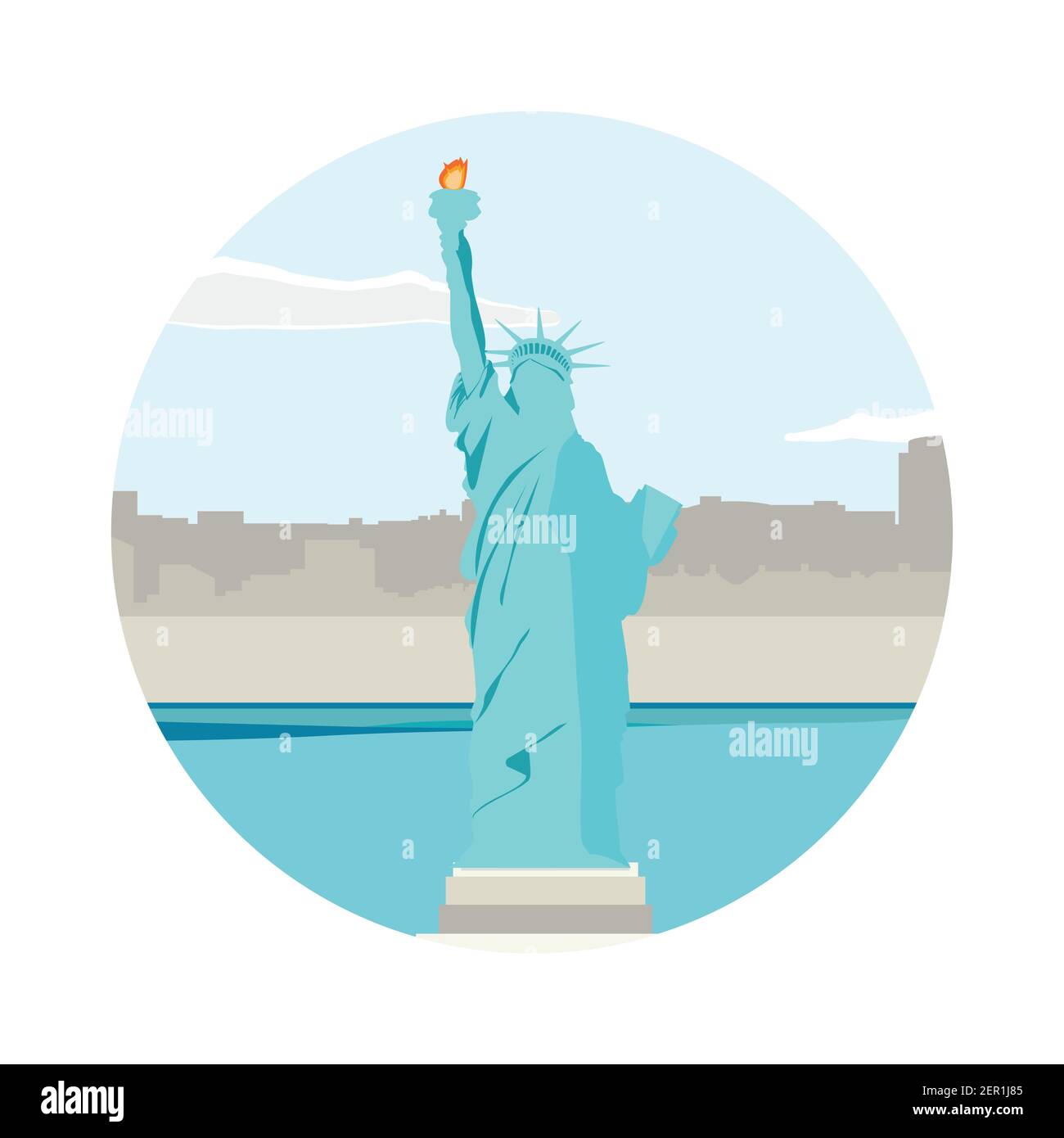 Vector illustration  statue of Liberty in New York City isolated on white background. NYC landmark. American symbol round icon. Stock Vector