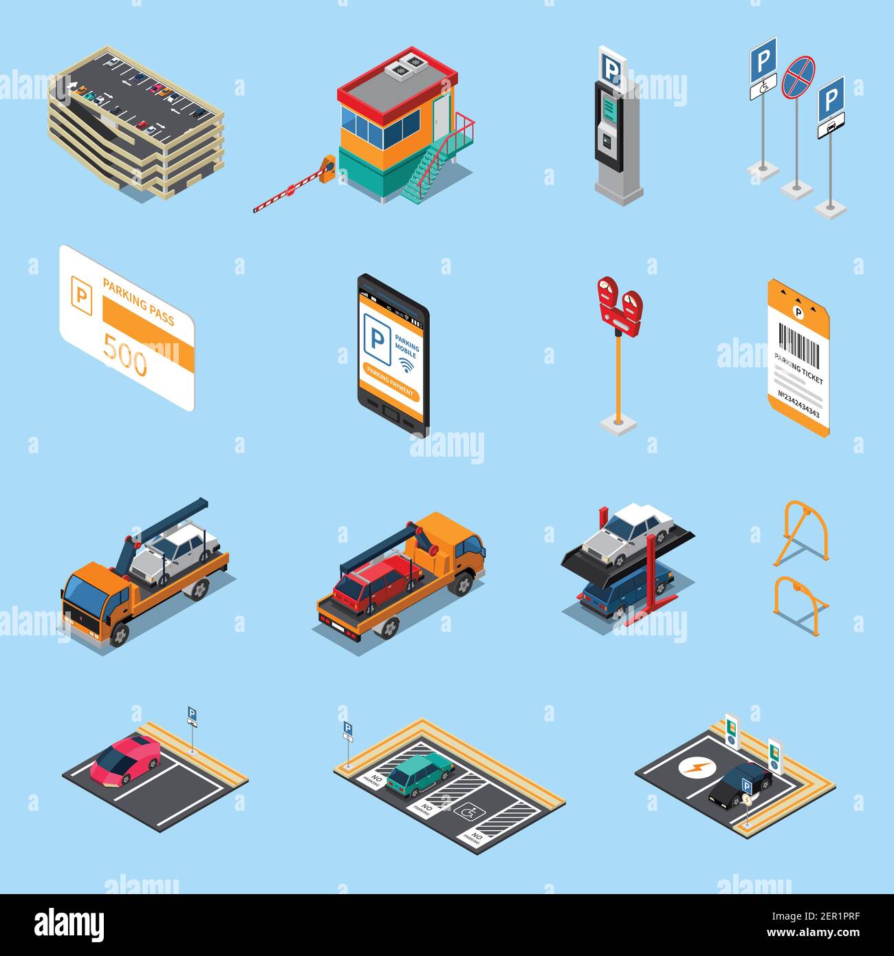Parking lots facilities isometric icons set with multilevel garage pass ticket and tow truck isolated Stock Vector