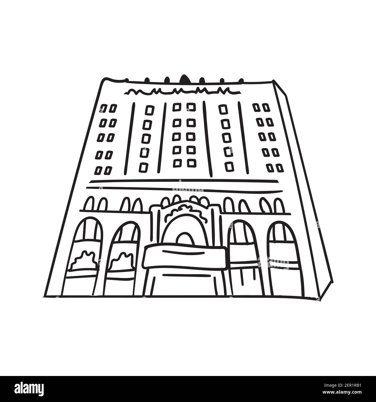 Doodle hand drawn sketch of modern high building with windows. Black outline. Vector illustration isolated on white background. Stock Vector