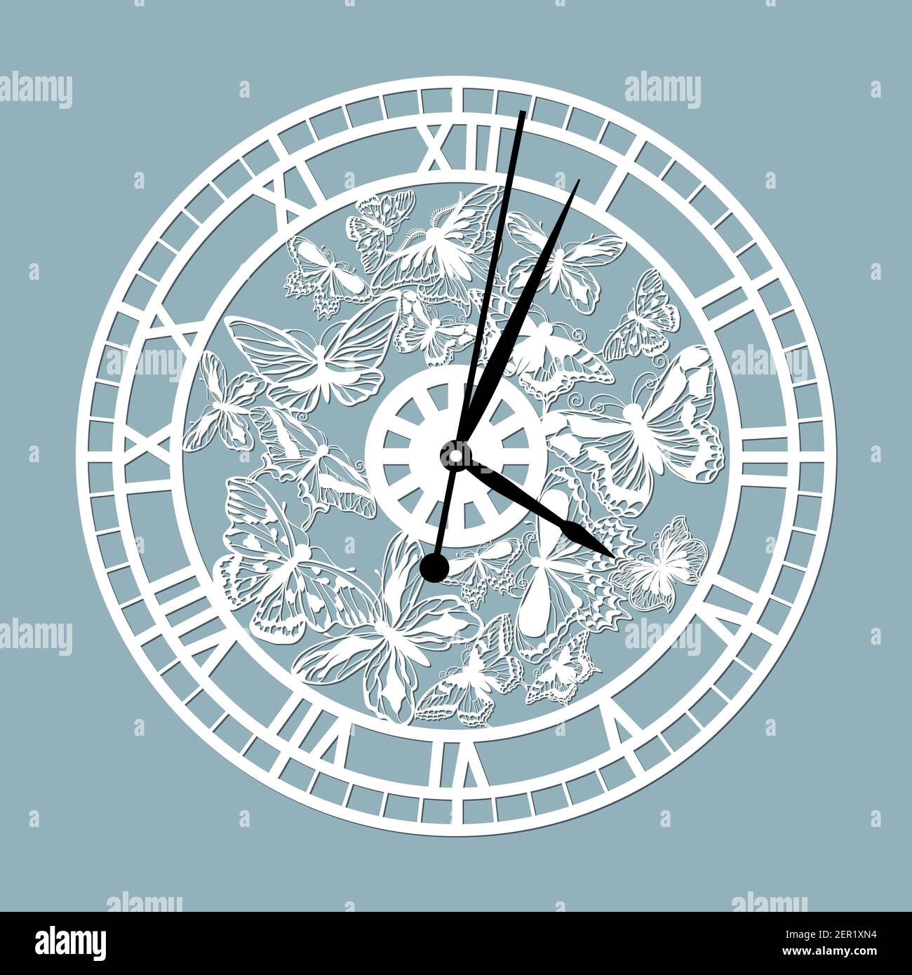 Simple clock face with roman numerals and butterflies. Vector template ...