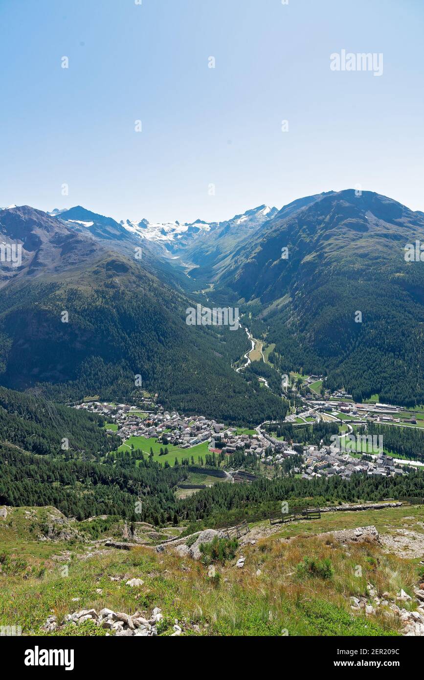 Panoramic view of Pontresina and Val Roseg seen from the Segantini refuge Stock Photo