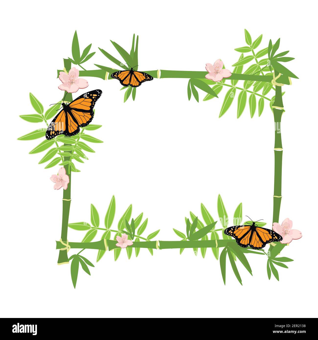 https://c8.alamy.com/comp/2ER2138/vector-illustration-tropical-island-frame-border-poster-with-exotic-flowers-butterflies-and-plants-bamboo-frame-monarch-butterfly-2ER2138.jpg
