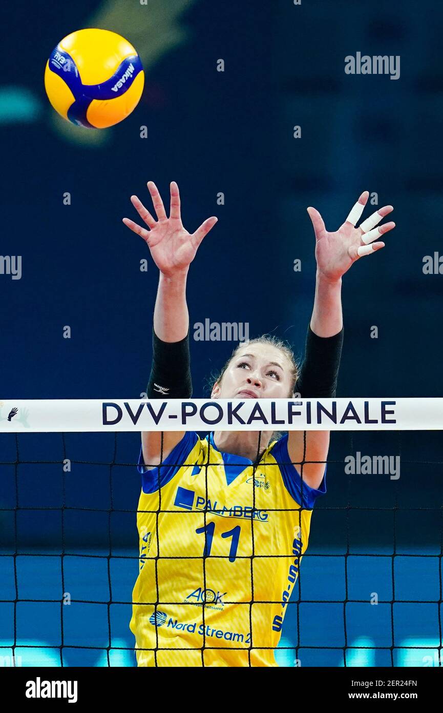 Mannheim, Germany. 28th Feb, 2021. Volleyball, Women: DVV Cup, SSC Palmberg  Schwerin - SC Potsdam, final, SAP