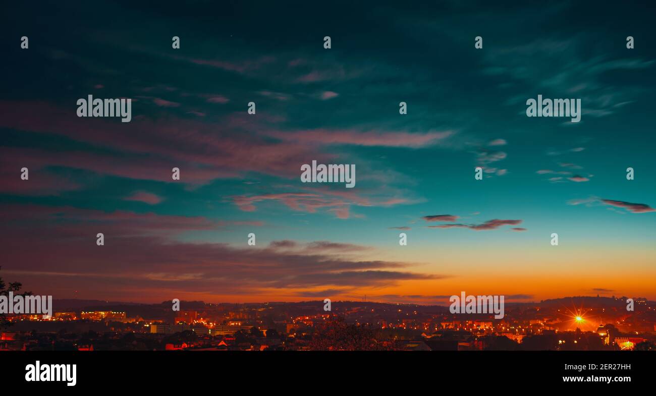 Fantastic night sky over the night city Stock Photo