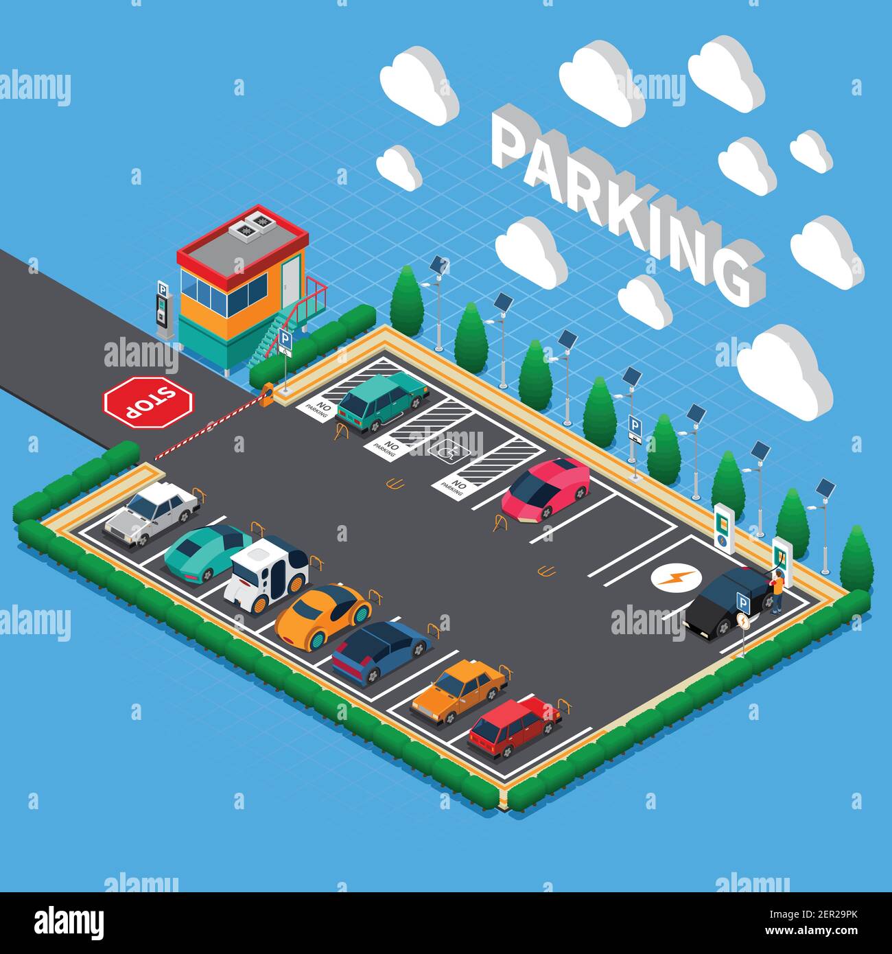 Perpendicular parking lot with plug in electric vehicles ecological charging stalls attendant booth isometric composition Stock Vector