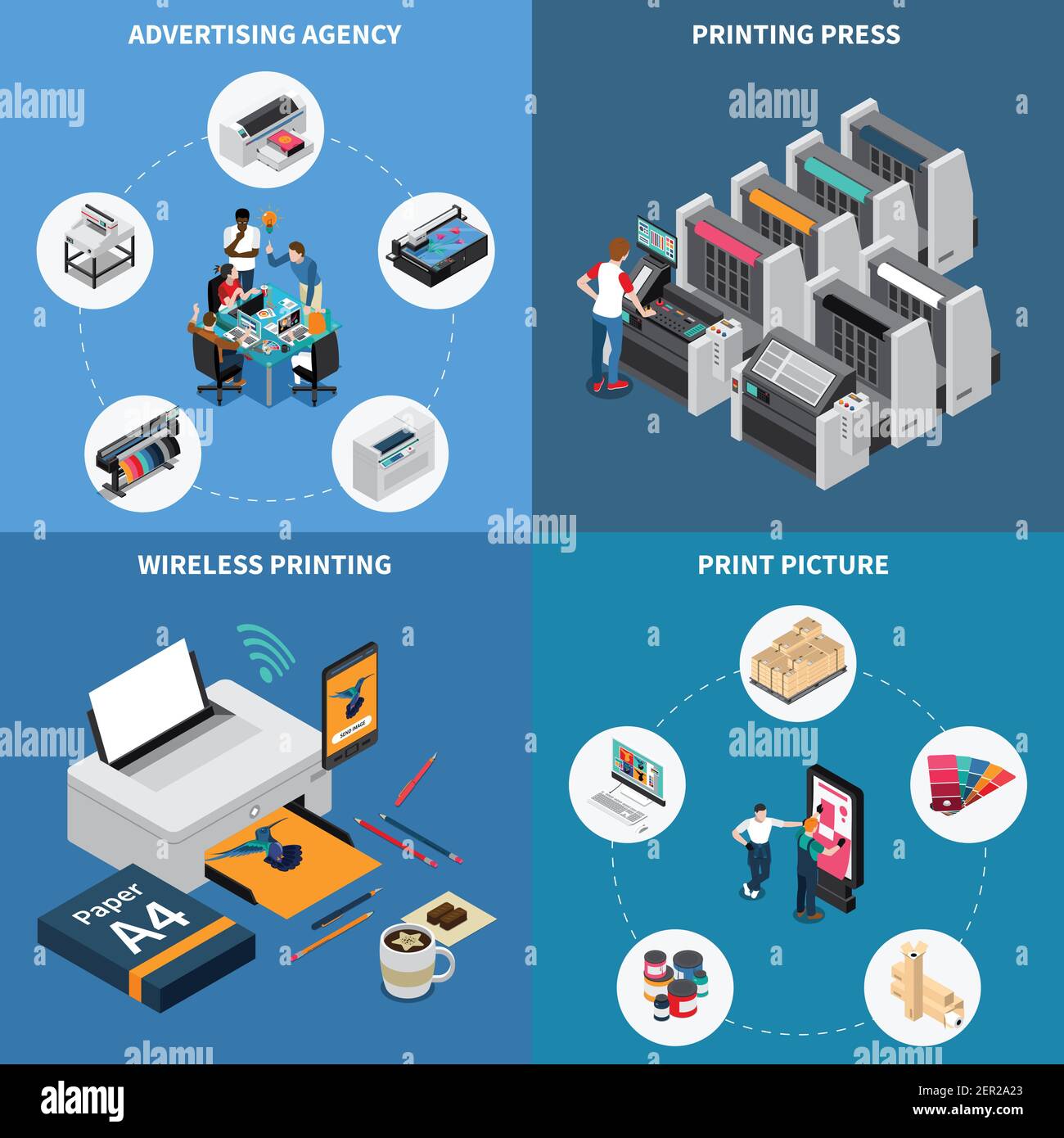 Advertising agency printing house concept 4 isometric compositions with digital technology creating pictures press device Stock Vector