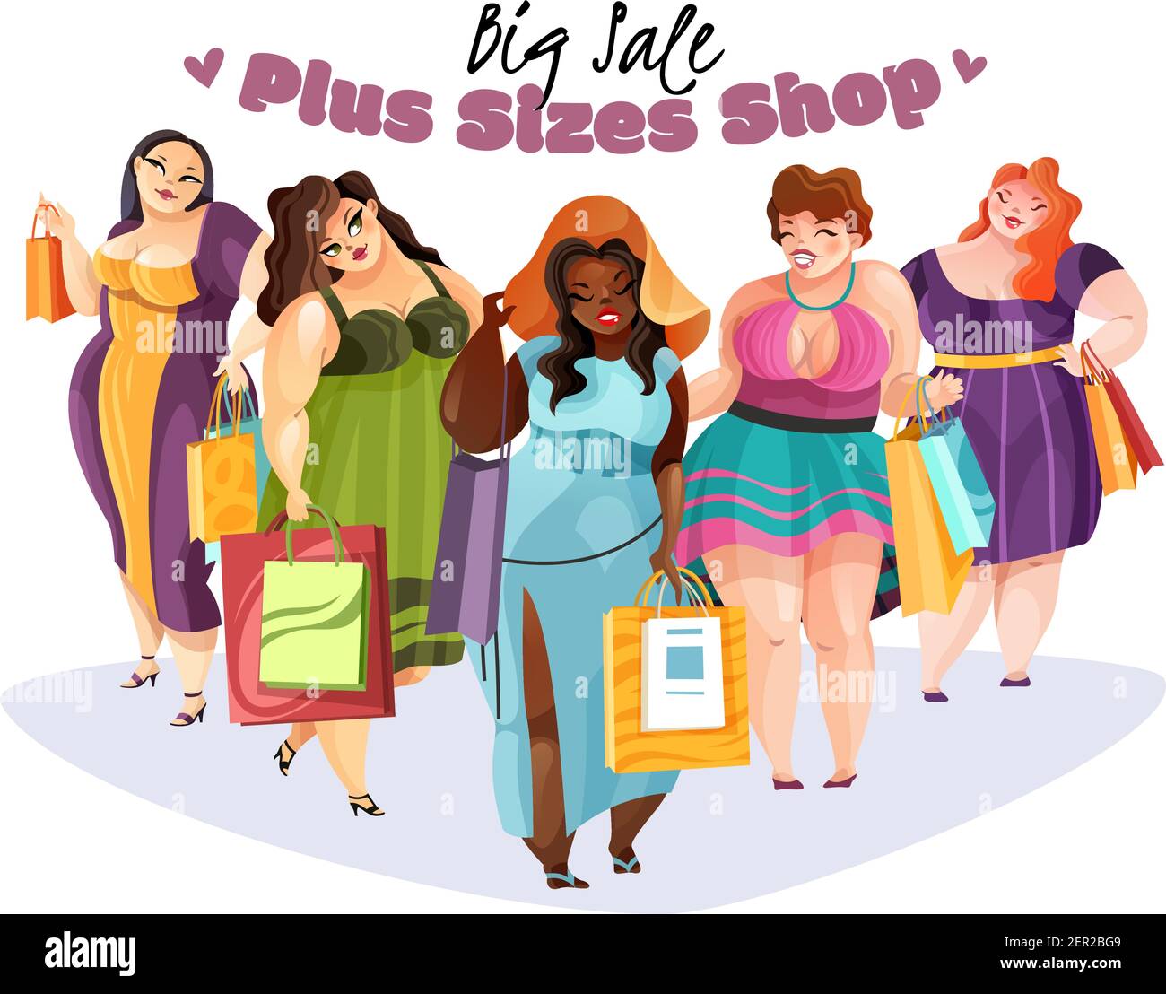 Happy plump women with purchases after plus sizes shop with big sale flat Stock Vector