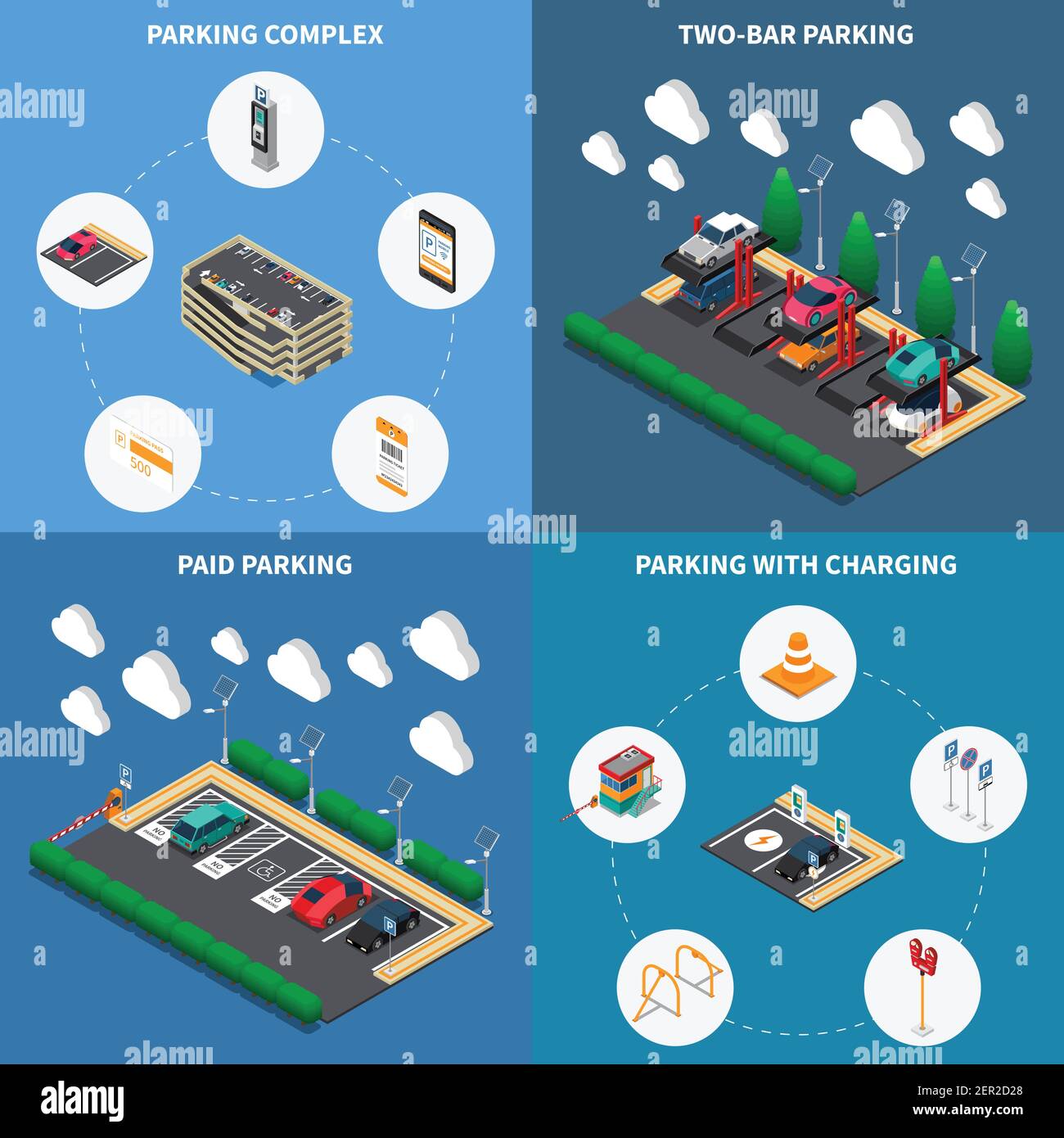 Parking lots facilities concept 4 isometric compositions icons square with charging stalls multi level complex Stock Vector