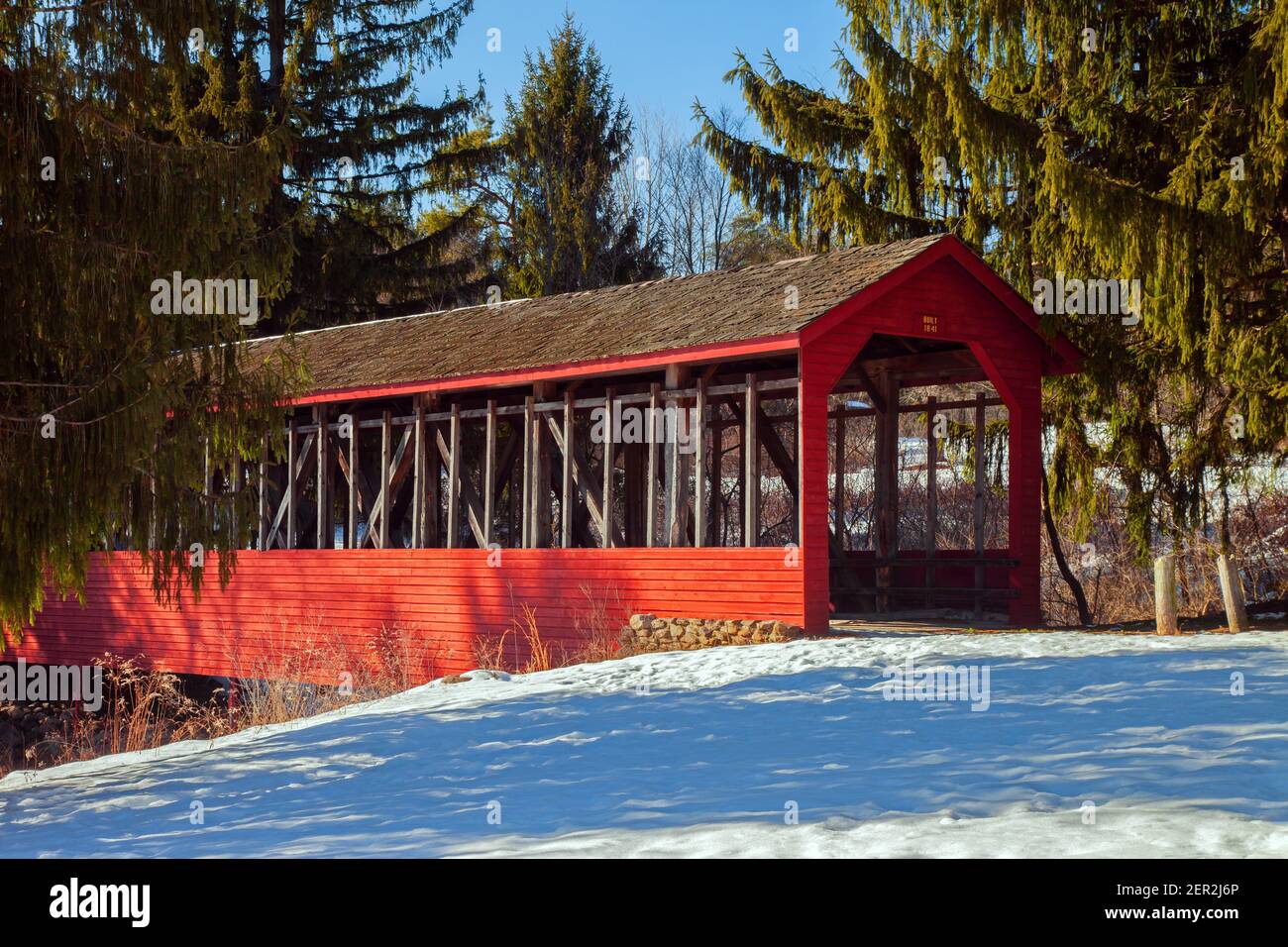 The Harrity Covered Bridge was buit in 1841 and crossed the Pohopoco Creek in Carbon County, Pennsylvania. In 1970 when the Beltzville Dam was being b Stock Photo