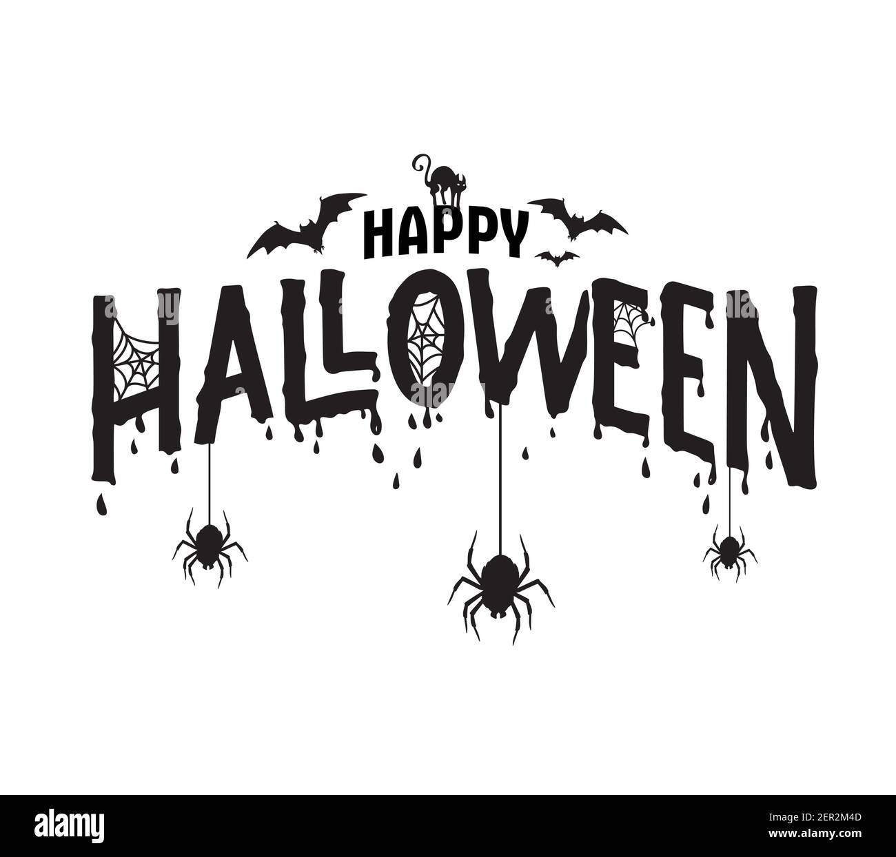 Happy Halloween typography, vector text with black cat, bats, spider