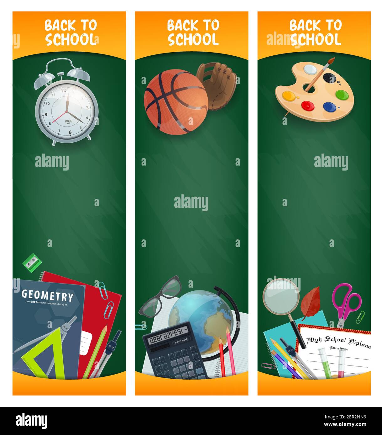 Back to school blackboard banners with vector education supplies. Books ...