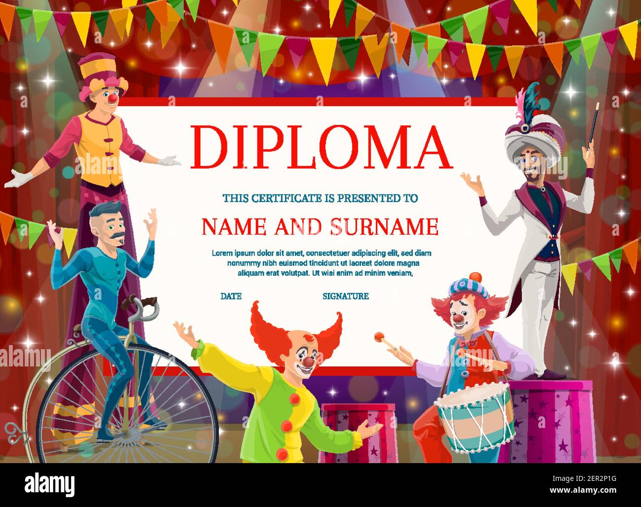 Education diploma, vector certificate with circus artists for school or ...