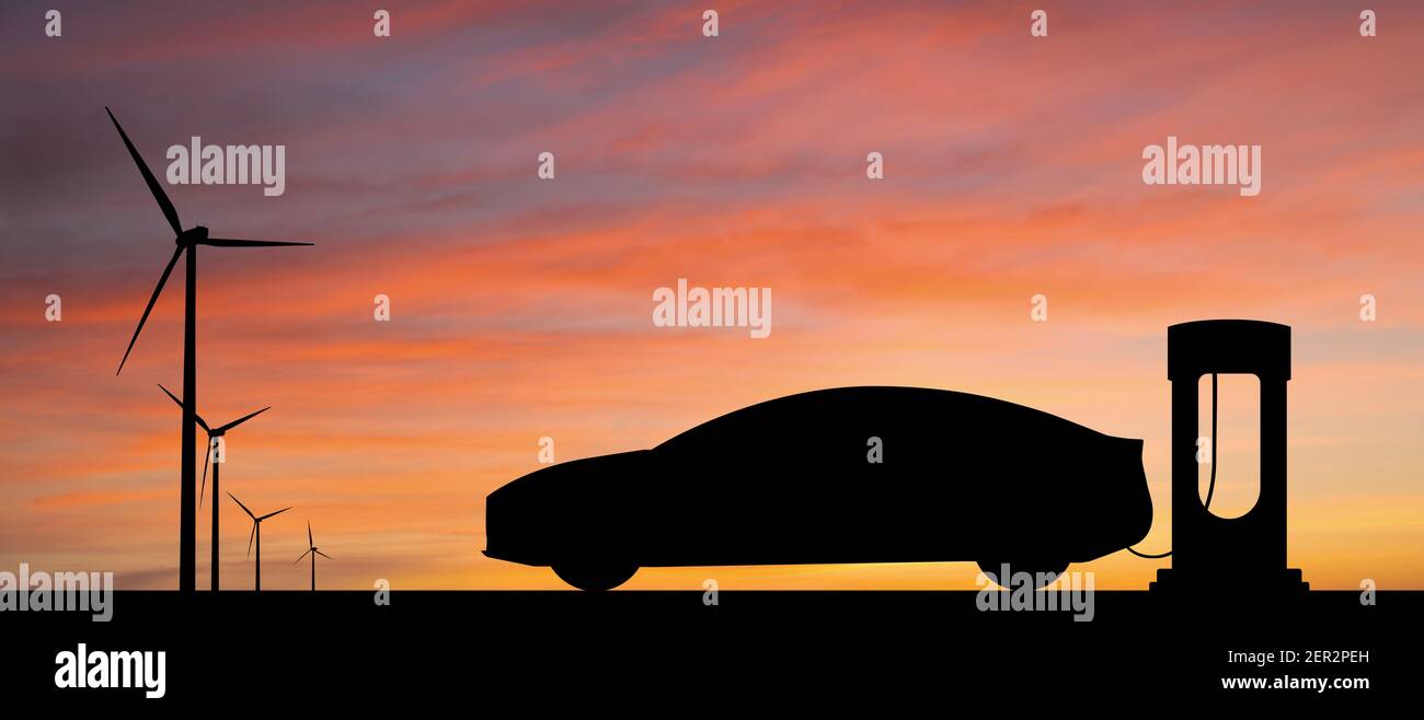 Silhouettes of charging electric car and wind turbines. Getting electricity from renewable energy sources Stock Photo