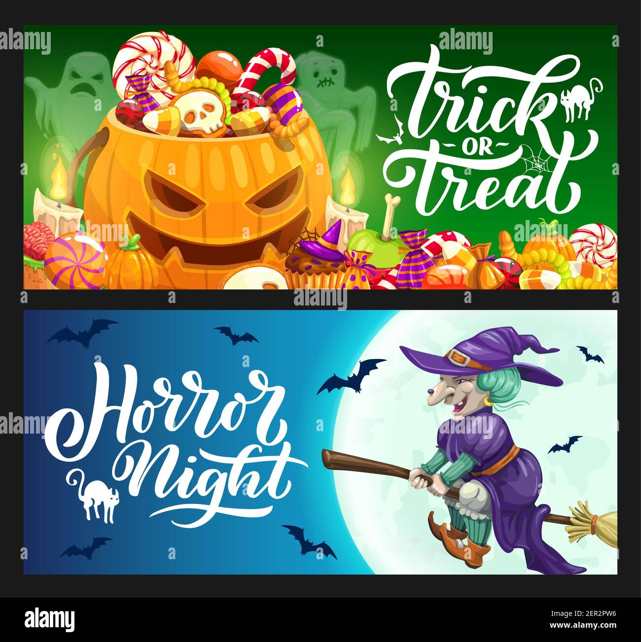 Halloween holiday vector banners with trick or treat candies, pumpkins, ghosts and witch on broom. Horror night full moon, bats, cats and spider nets, Stock Vector