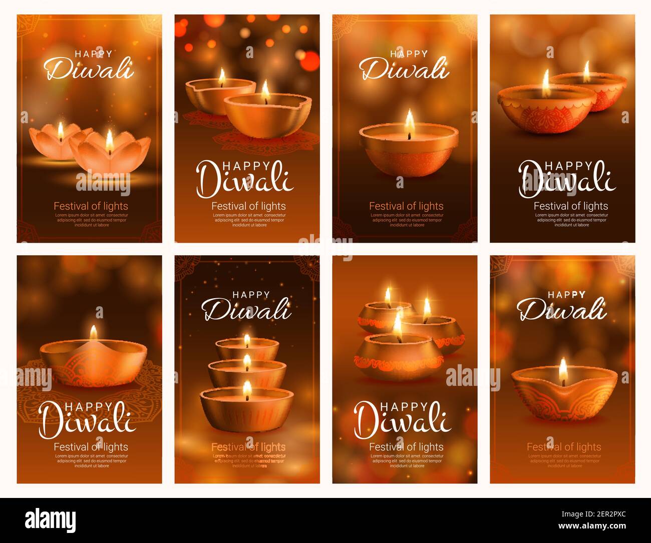Diwali festival of light vector banners with diya lamps. Indian Hindu religion holiday oil lamps with fire flames greeting cards with rangoli decorati Stock Vector
