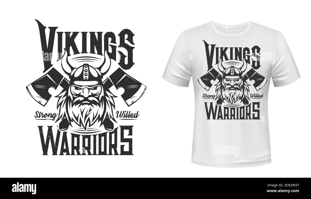 Viking warrior tshirt print, Scandinavian vector nordic medieval knight. Man with beard and horned helmet with crossed axes on white appaprel mockup. Stock Vector