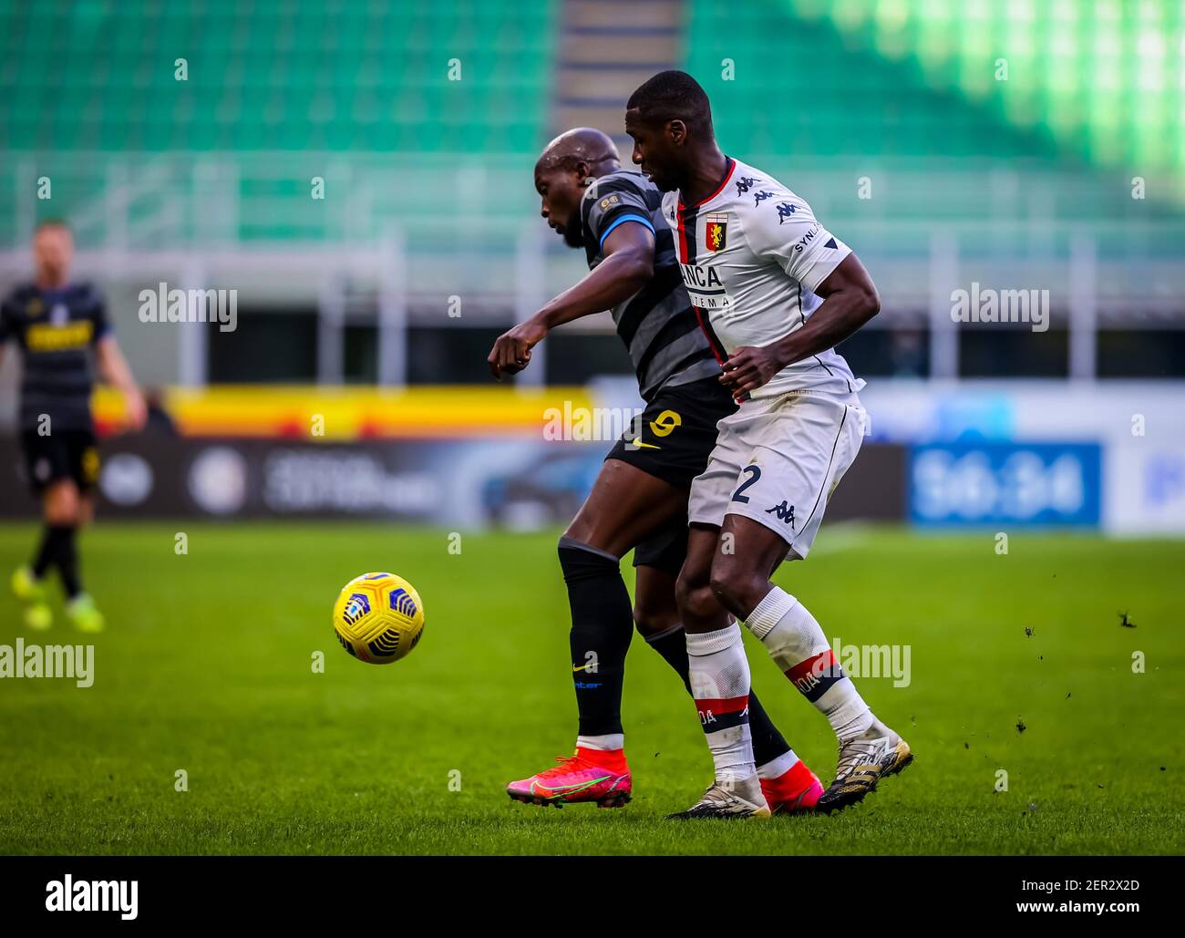 Milan, Italy. 28th Feb, 2021. Romelu Lukaku of FC Internazionale fights for the ball against Cristian Zapata of Genoa CFC during FC Internazionale vs Genoa CFC, Italian football Serie A match in Milan, Italy, February 28 2021 Credit: Independent Photo Agency/Alamy Live News Stock Photo