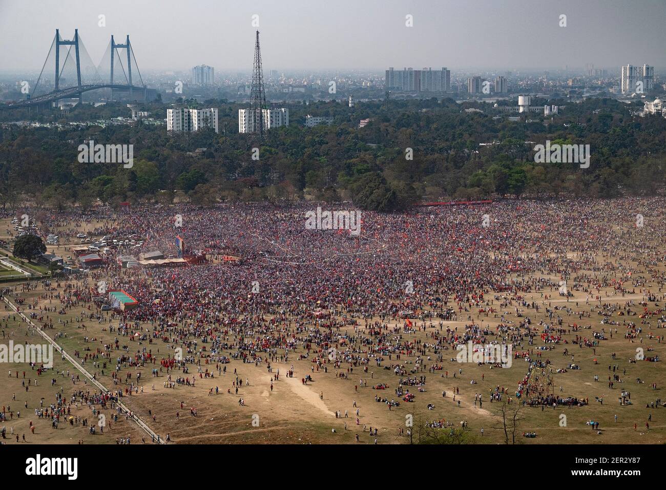 An overview of a joint rally with supporters from the Congress, Left and Indian Secular Front (ISF) parties ahead of the state legislative assembly elections. Stock Photo