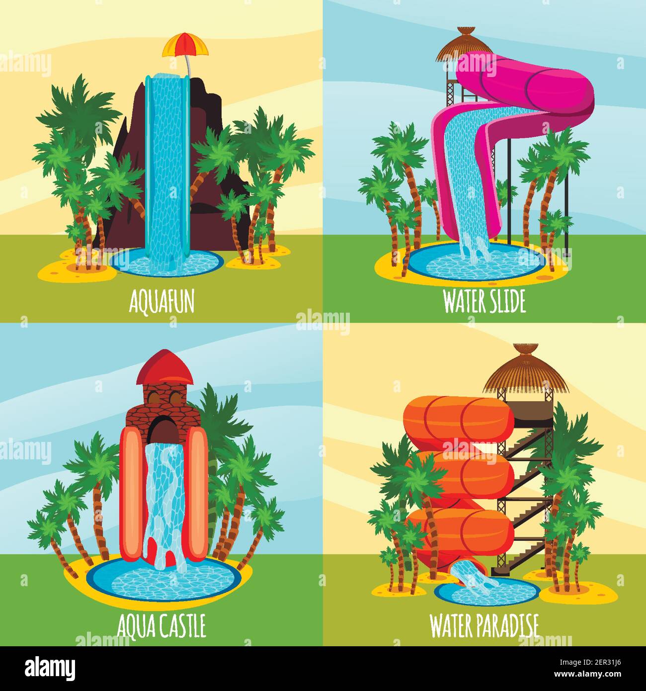 Aqua park flat design concept with theme water slides pools and palm ...