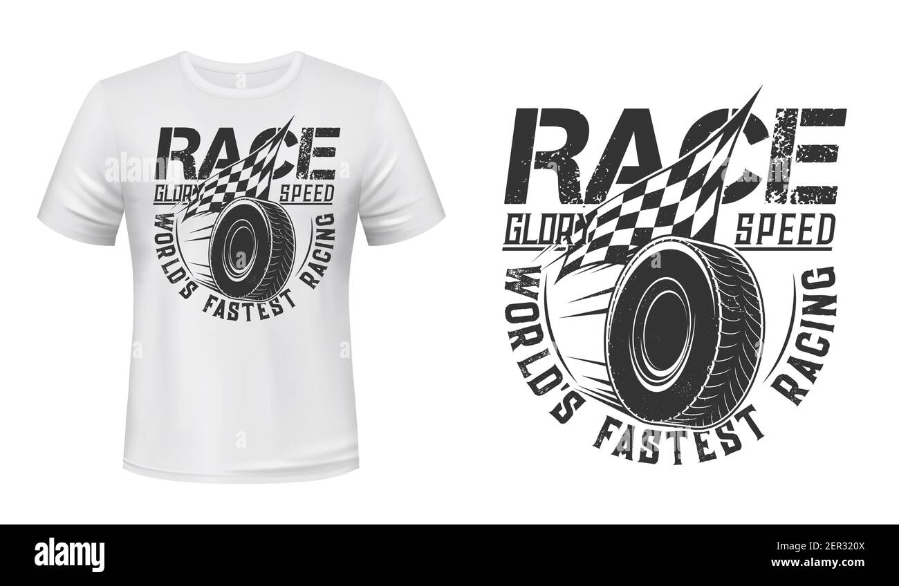 Rolling wheel and racing flag tshirt vector print. Car spare tire