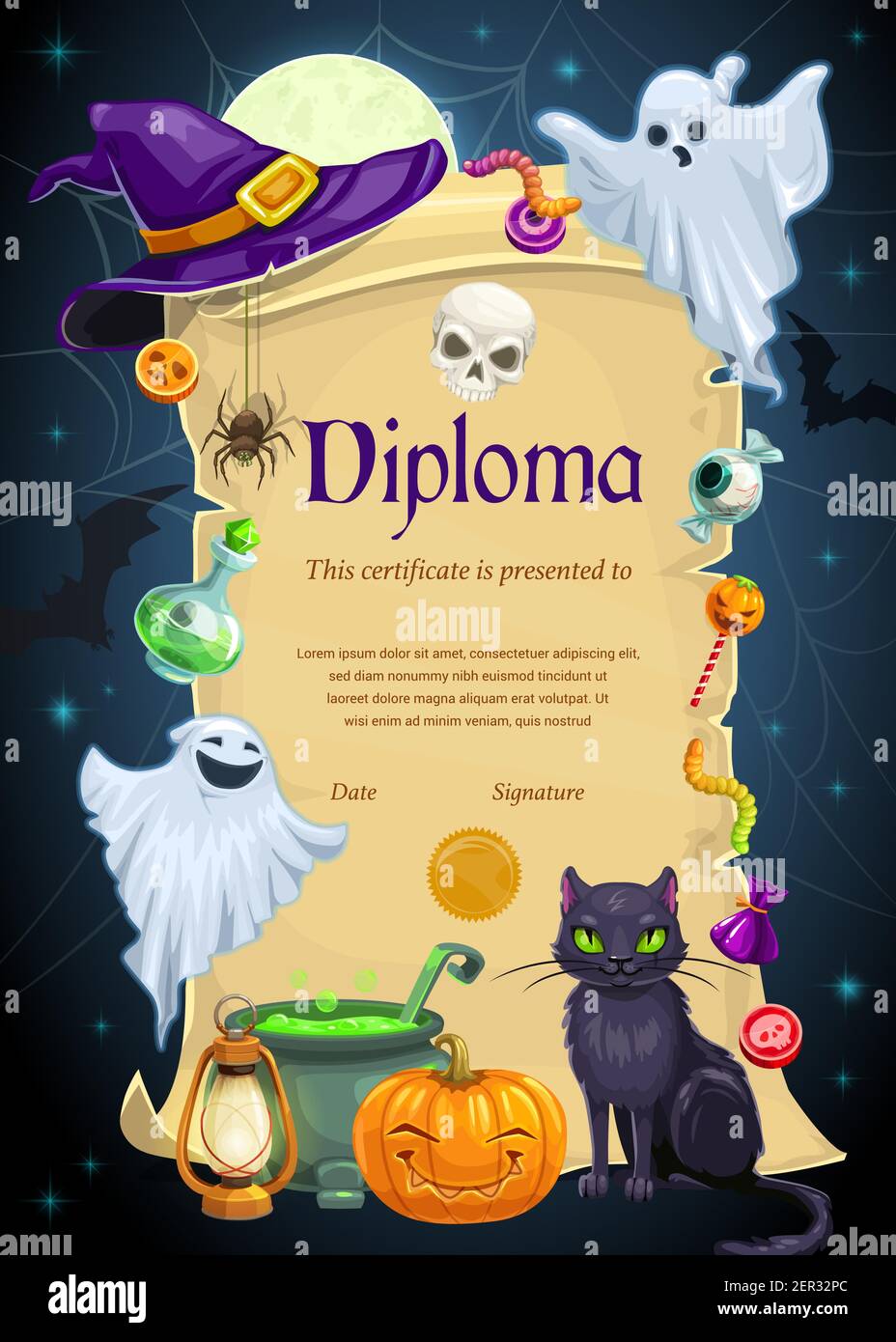 Diploma certificate vector template of kids education. Elementary In Halloween Certificate Template