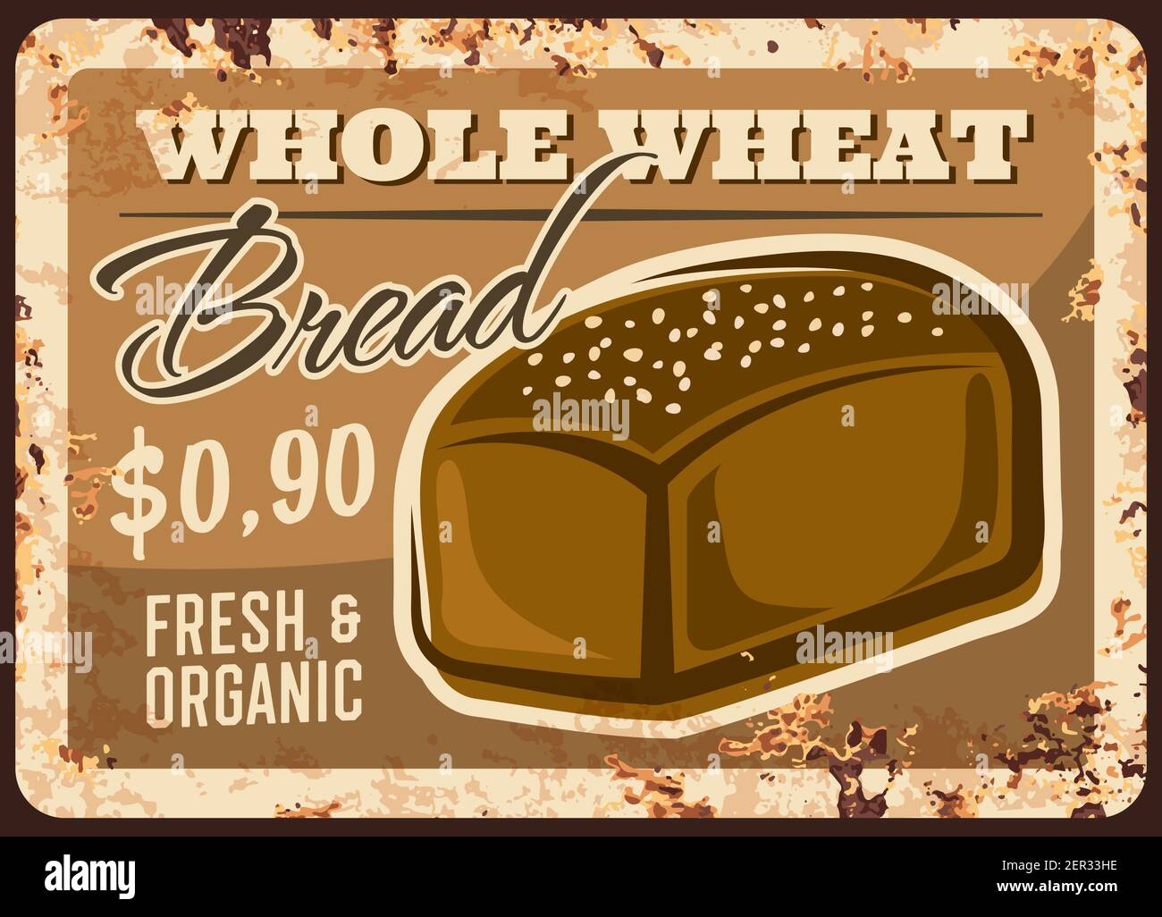 Bakery bread metal rusty plate wheat loaf price, vector vintage poster