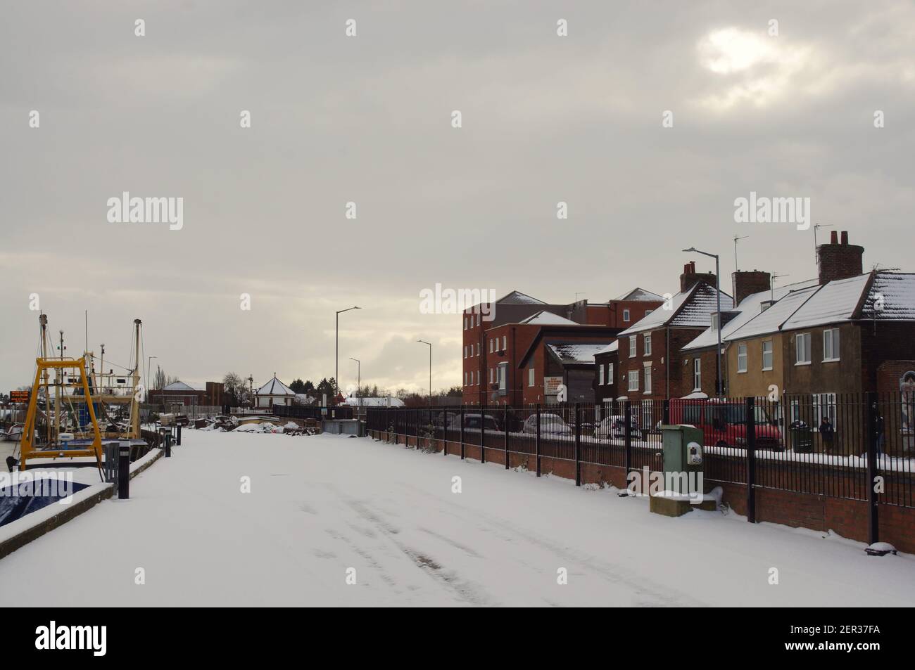 The Haven riverside beside the High Street in the snow in Feb 2021 Stock Photo