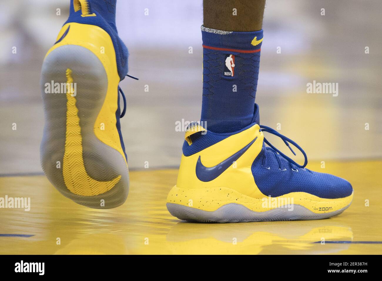March 29, 2018; Oakland, CA, USA; Detail view of the Nike shoes worn by  Golden State Warriors forward Draymond Green (23) during the first quarter  against the Milwaukee Bucks at Oracle Arena.