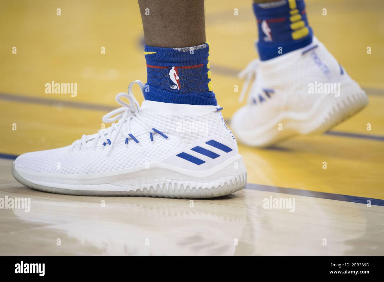 March 29, 2018; Oakland, CA, USA; Detail view of the Adidas shoes worn by  Golden State Warriors forward Kevon Looney (5) during the second quarter  against the Milwaukee Bucks at Oracle Arena.
