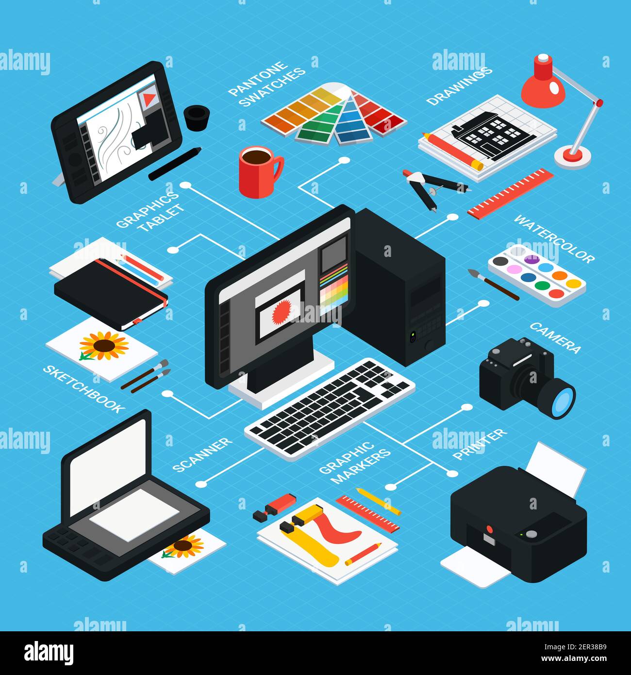 Tools and equipment for graphic design isometric infographics on blue background 3d vector illustration Stock Vector