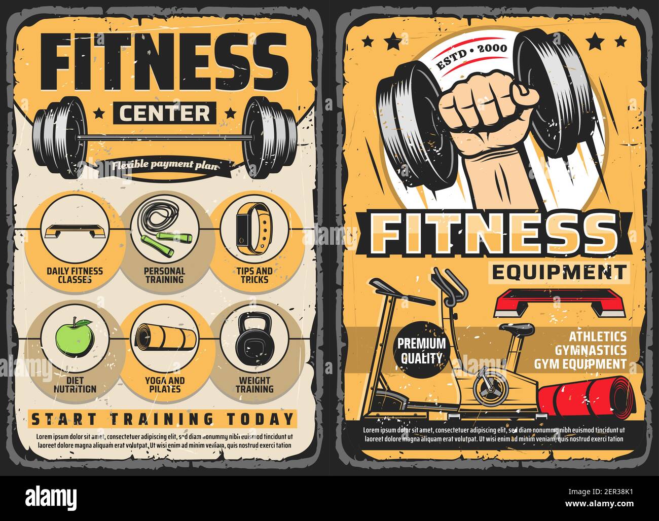 Fitness center, gym retro posters. Barbell, dumbbell and treadmill