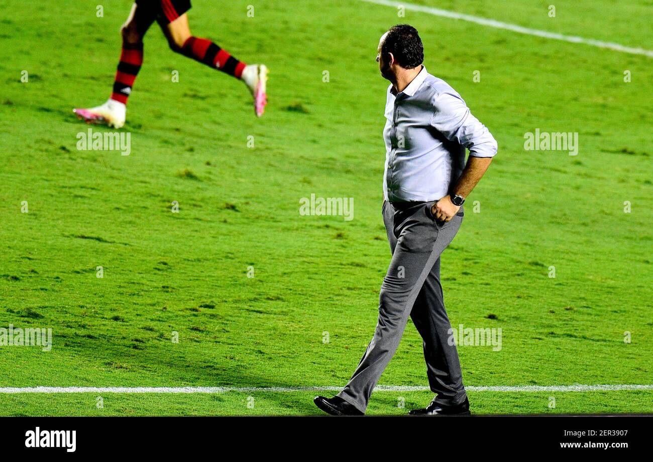 SAO PAULO, BRAZIL - FEBRUARY 25: Head Coach Rogerio Ceni of CR Flamengo  celebrates with Diego Alves and Gabriel Batista the championship ,after a  Brasileirao Serie A 2020 match between Sao Paulo