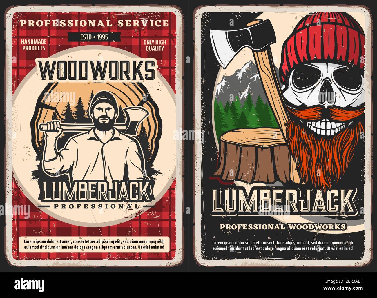 Lumberjack service, woodwork vintage posters. Strong man in shirt