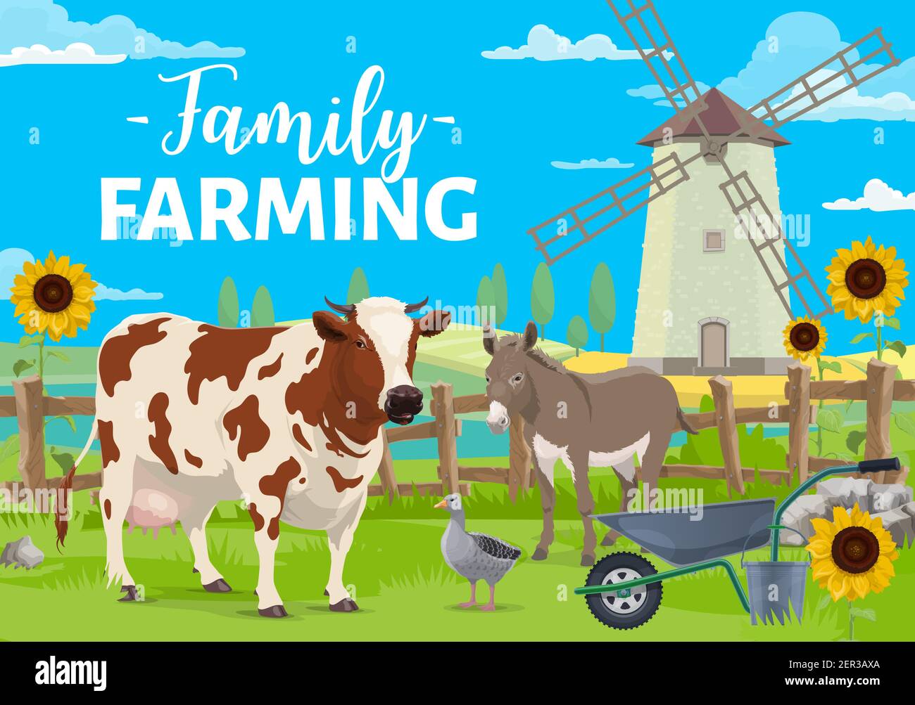 Family farming. Farm animals on rural landscape with windmill, crops and sunflowers field. Farmers cattle and poultry, milk cowl, donkey and goose on Stock Vector