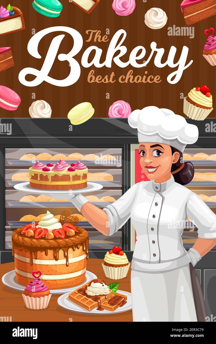 Confectioner in patisserie presenting vector desserts, cakes and bakery ...