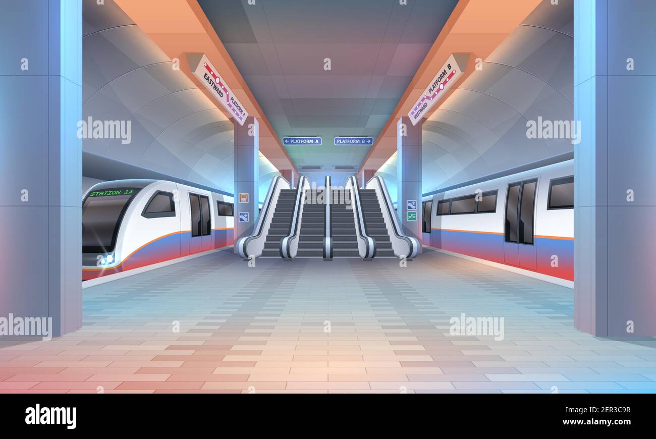 Interior of subway or metro station with vector trains, underground railway platform, tunnels and escalators, columns and information signboards. Rail Stock Vector