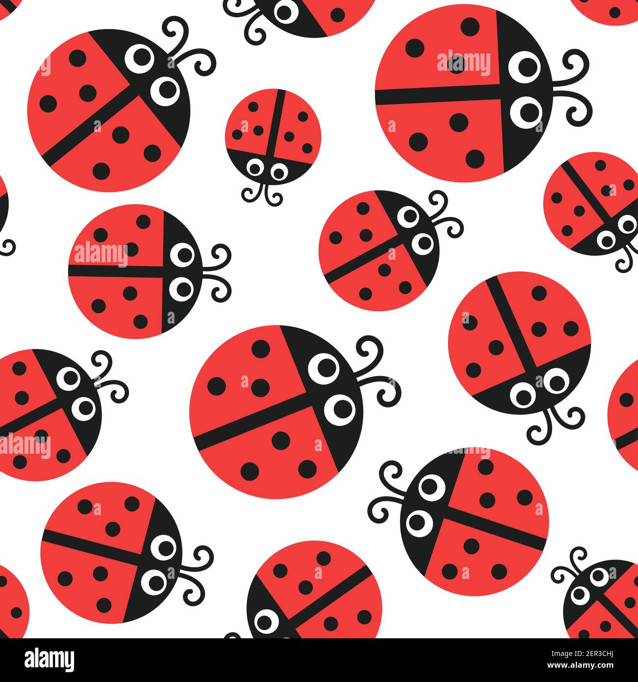 Ladybug pattern, vector seamless ornament, baby design for wallpaper or fabric. Cute ladybirds on white background, funny red insects with eyes and do Stock Vector