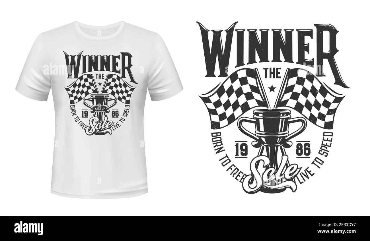 Car race winner cup and flags t-shirt vector print. Auto racing trophy ...