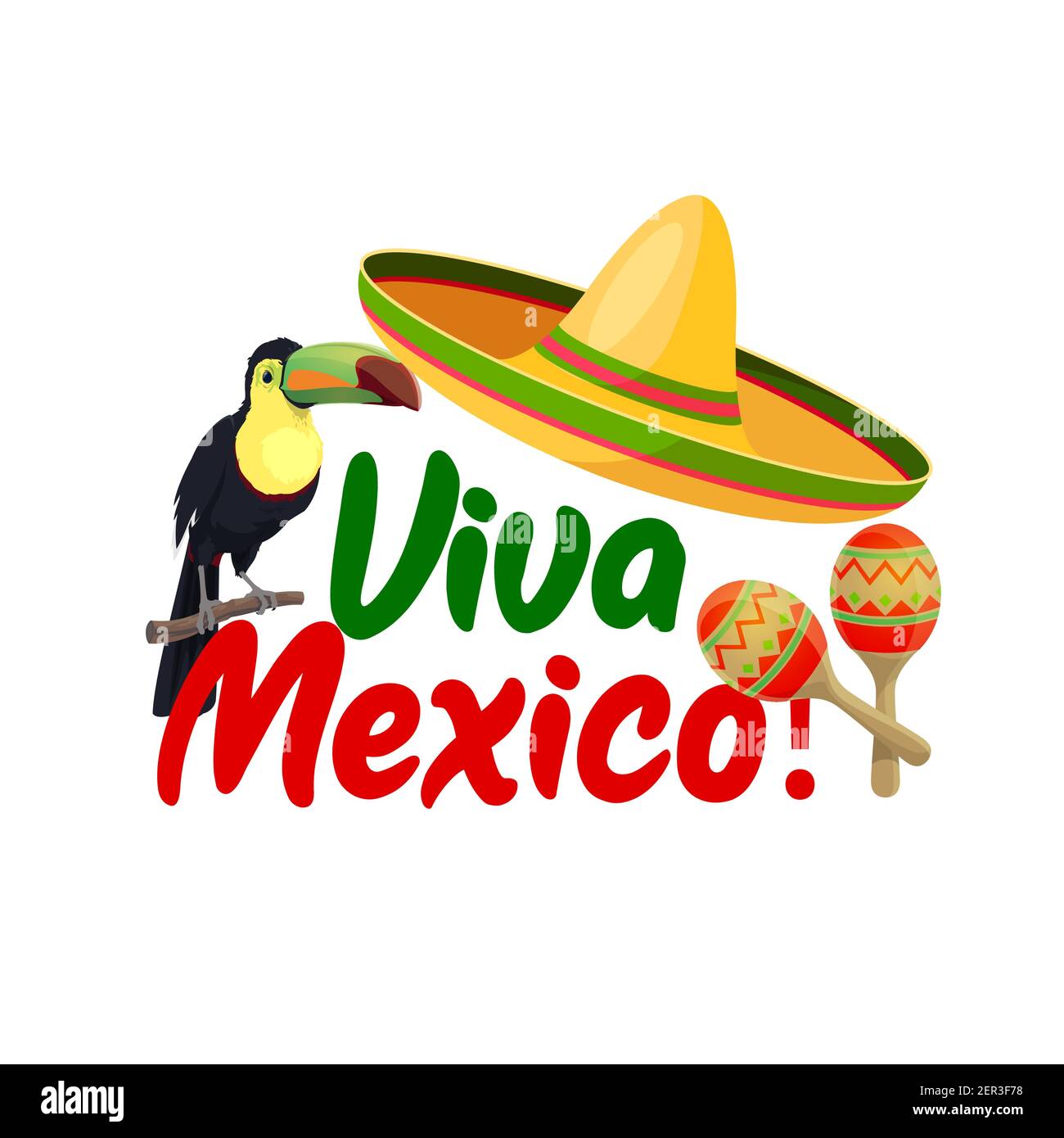 Viva Mexico vector icon with sombrero, toucan bird and maracas