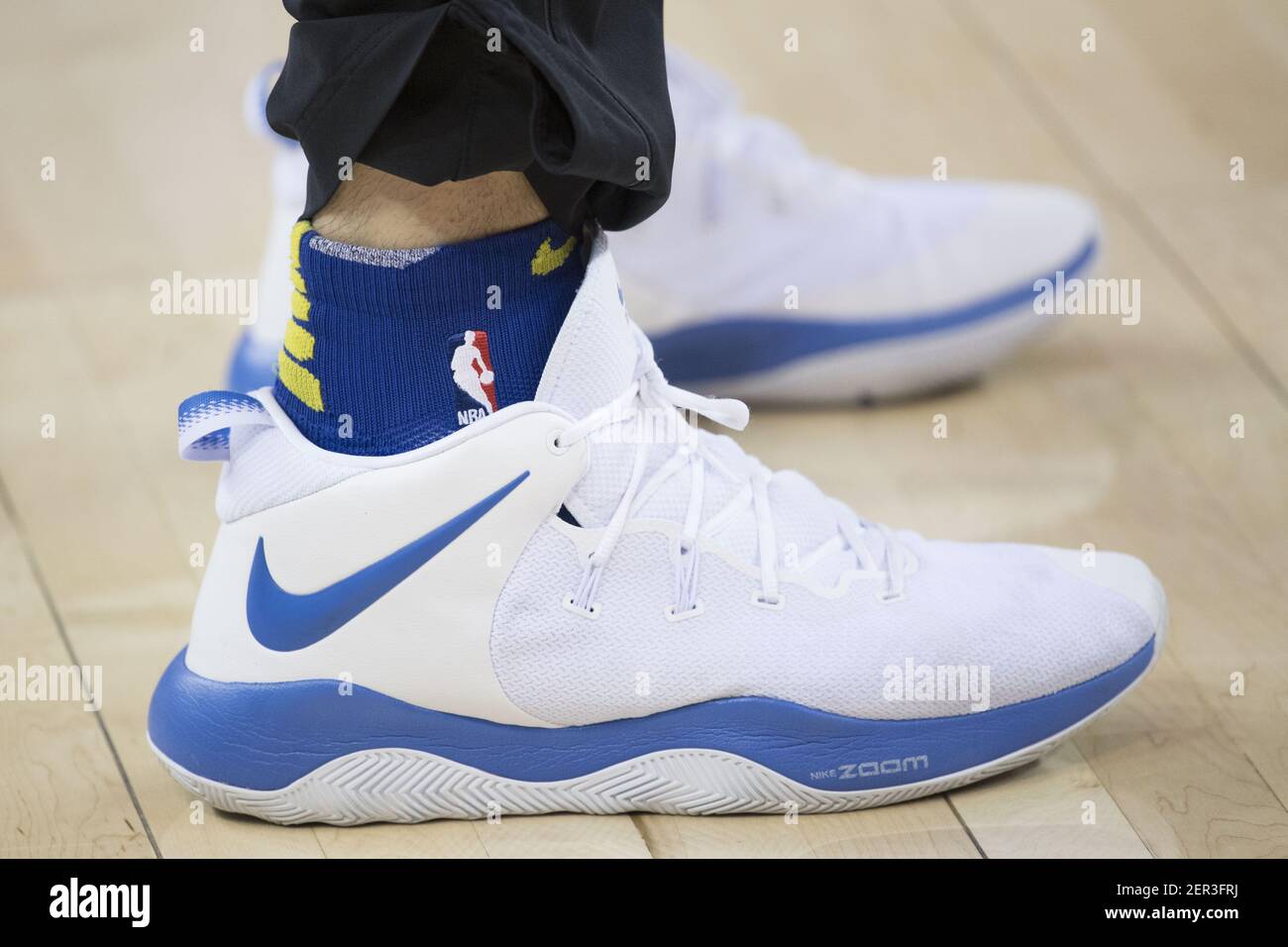 April 1, 2018; Oakland, CA, USA; Detail view of the Nike shoes worn by  Golden State Warriors center Zaza Pachulia (27) before the game against the  Phoenix Suns at Oracle Arena. Mandatory