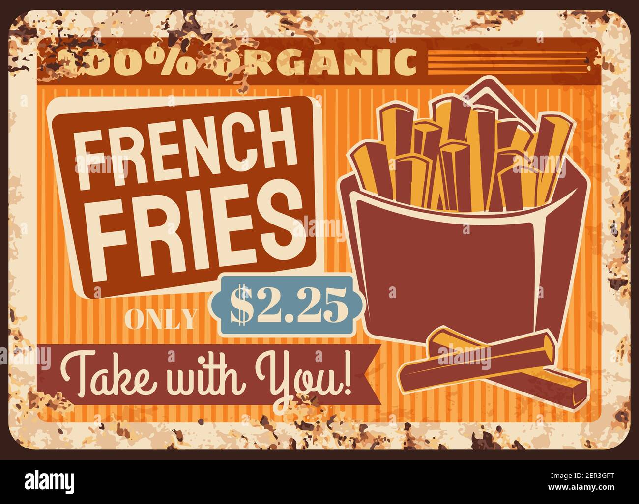 French fries fast food rusty metal plate, vector box with ...