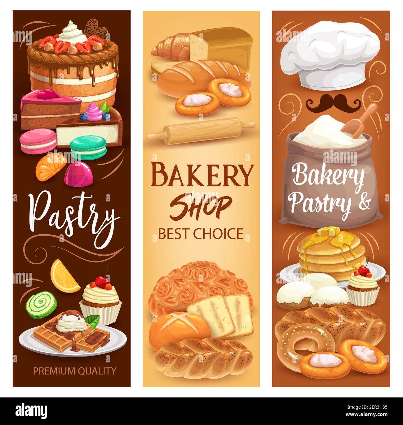 Cakes desserts, bakery bread and sweet pastry, vector banners. Bakery
