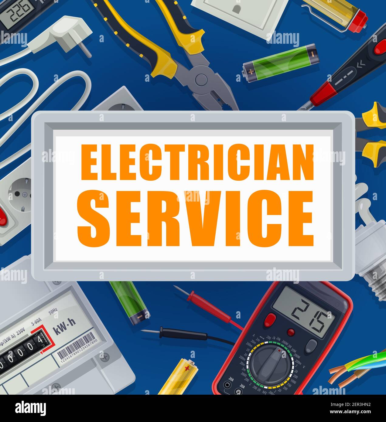 Electrician service banner. Electric energy supply industry equipment,  electrician tools vector. Multimeter and electricity meter, batteries,  pliers a Stock Vector Image & Art - Alamy