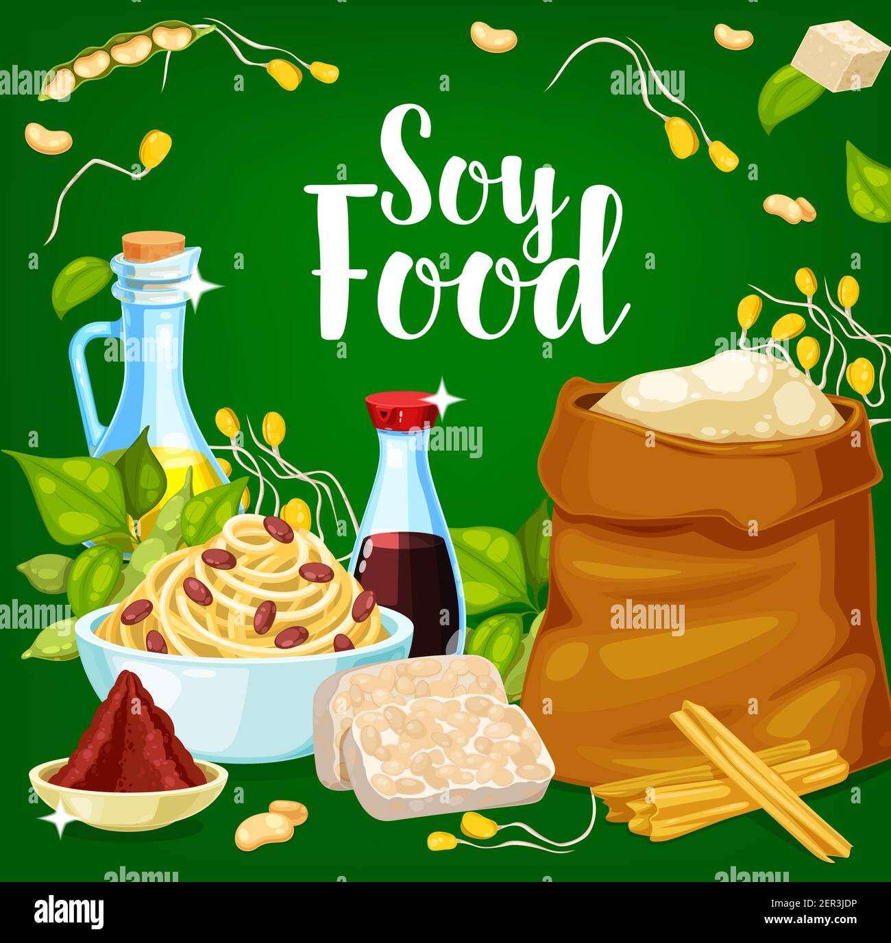 Soy food and seasoning products. Soybean edamame, oil and sauce bottle