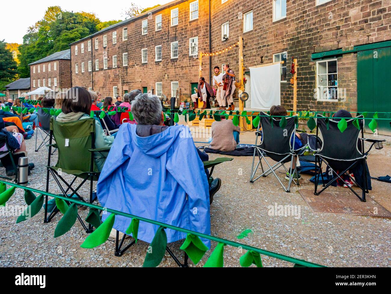 Socially distanced performance of Much Ado About Nothing by Three Inch Fools at Cromford Mill Derbyshire during Coronavirus pandemic August 2020 Stock Photo